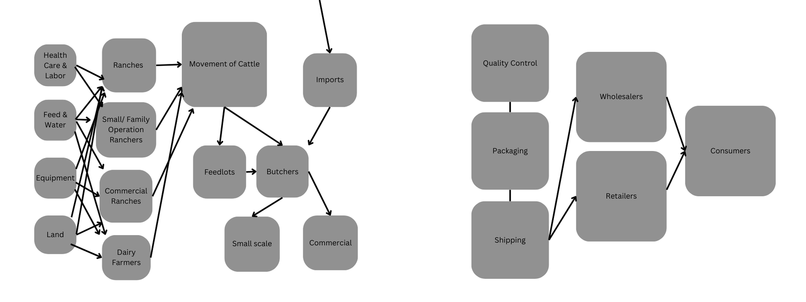 Flow diagram of the cattle value chain: health care, feed, equipment and land feed into ranches and dairy farms, then movement of cattle, feedlots, butchers, quality control, packaging and shipping, wholesalers and retailers, and finally consumers.