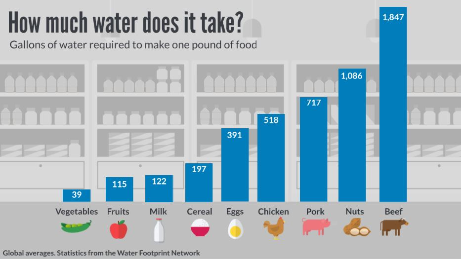 Bar chart of gallons of water required to make one pound of food: vegetables 39, fruits 115, milk 122, cereal 197, eggs 391, chicken 518, pork 737, nuts 1,086, beef 1,847.